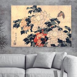 Hokusai Poenies and butterfly Κατσουσίκα Χοκουσάι Πίνακας σε Καμβά